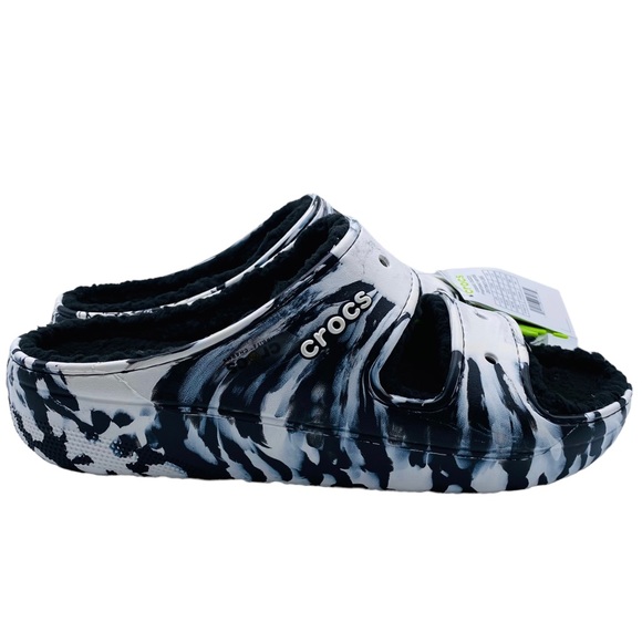 Crocs Sandals Classic Cozzzy Men's Black White Marble Tie Dye Slide Size 13 - Picture 2 of 13